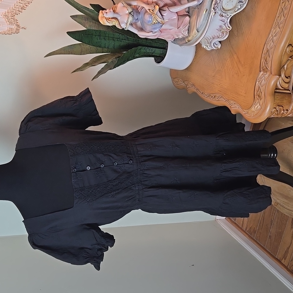 Aqua black eyelet black peasant mini dress